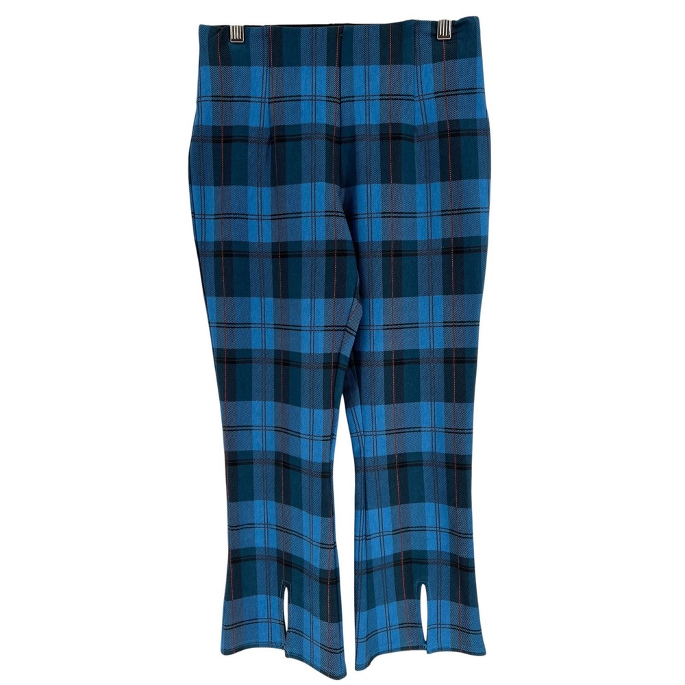 Slim Factor by Investments Kick Flare Pants Women S Blue Plaid Slit Hem Trousers